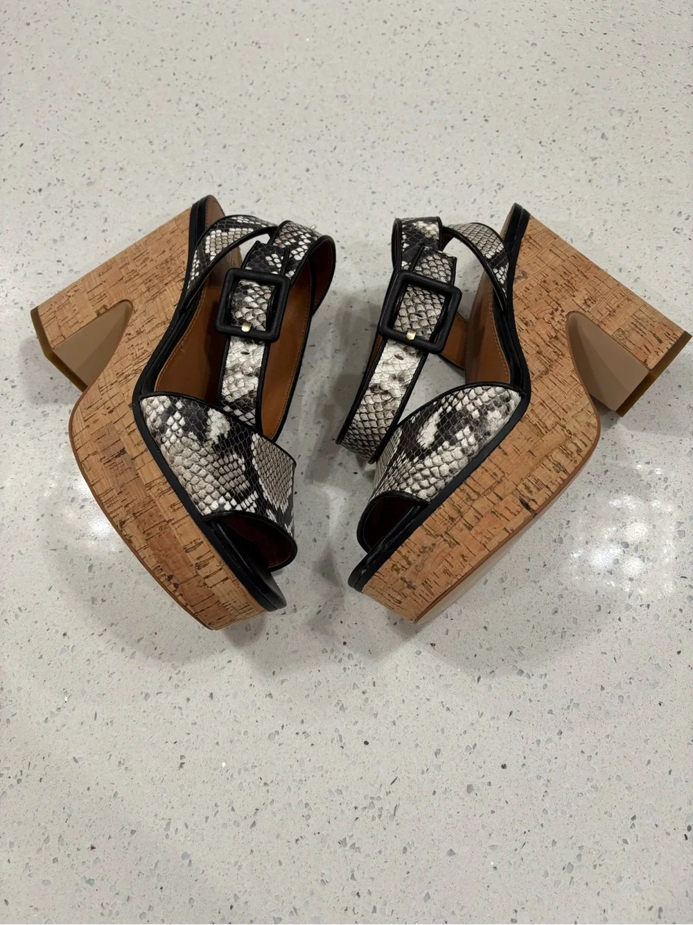 Franco Sarto Black & Cream Snake-Print Cork Wedge Sandals 9m Leather